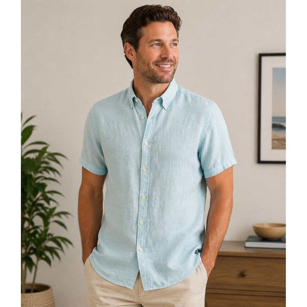 Chaps Men's XL Linen Short Sleeve Button-Up Shirt Aqua Casual Summer Top